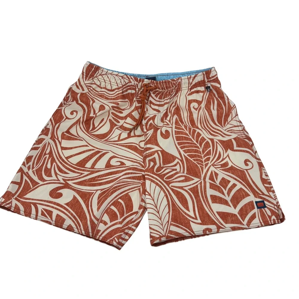 Cova Mens‎ Swim Trunks Rust Orange Tribal Leaf Print Mesh Lined Board Shorts  L